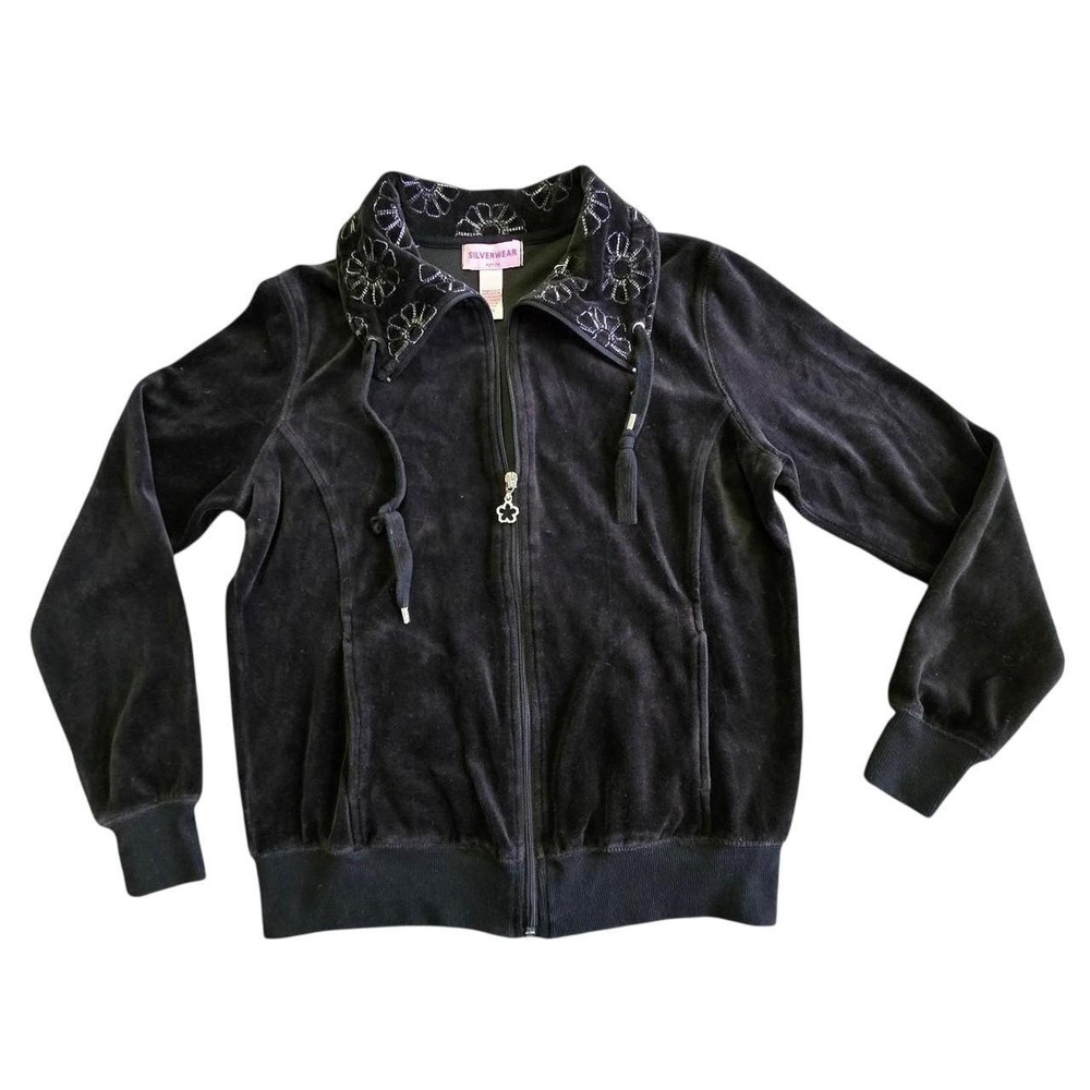 Y2k style black velour zip up hoodie sweater sweatshirt / SM velvet floral